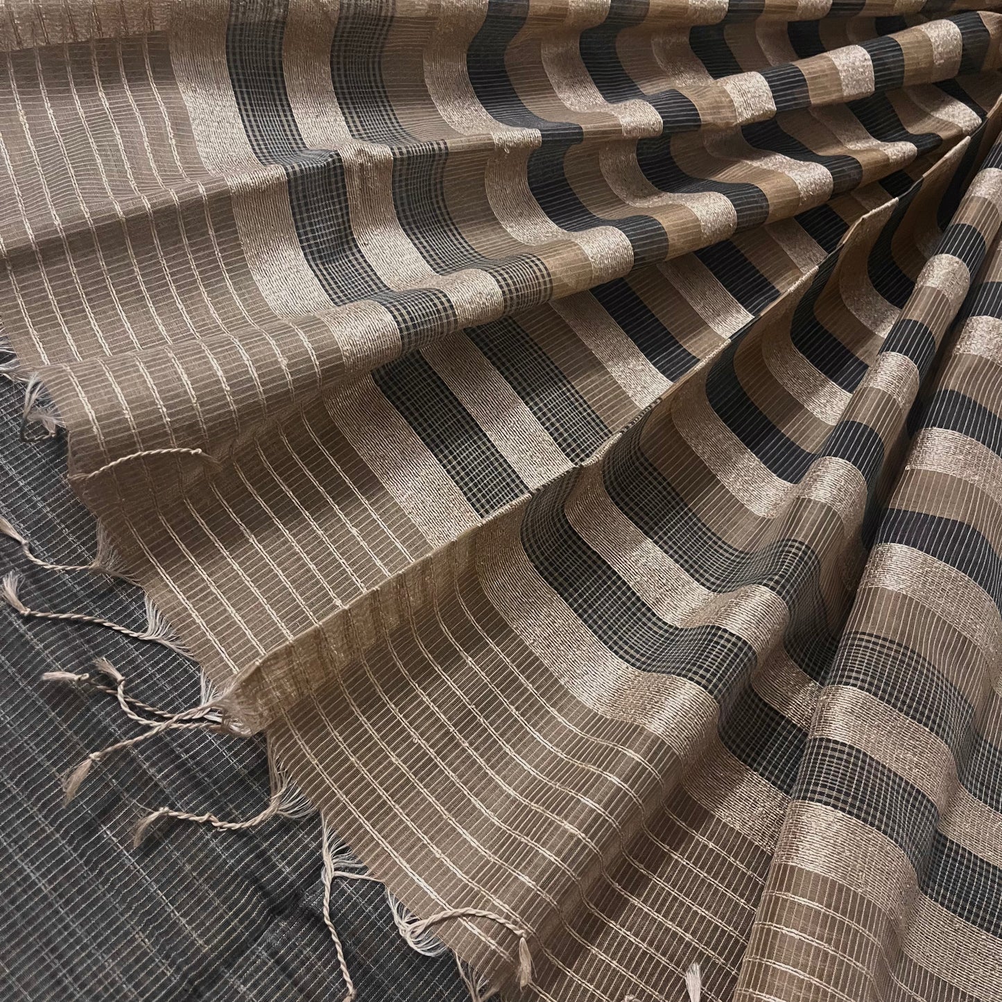 Light chocolate brown maheshwari saree with threadwork all over