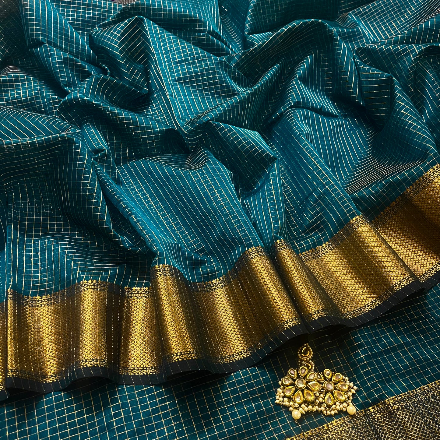 Teal maheshwari saree with zari checks all over