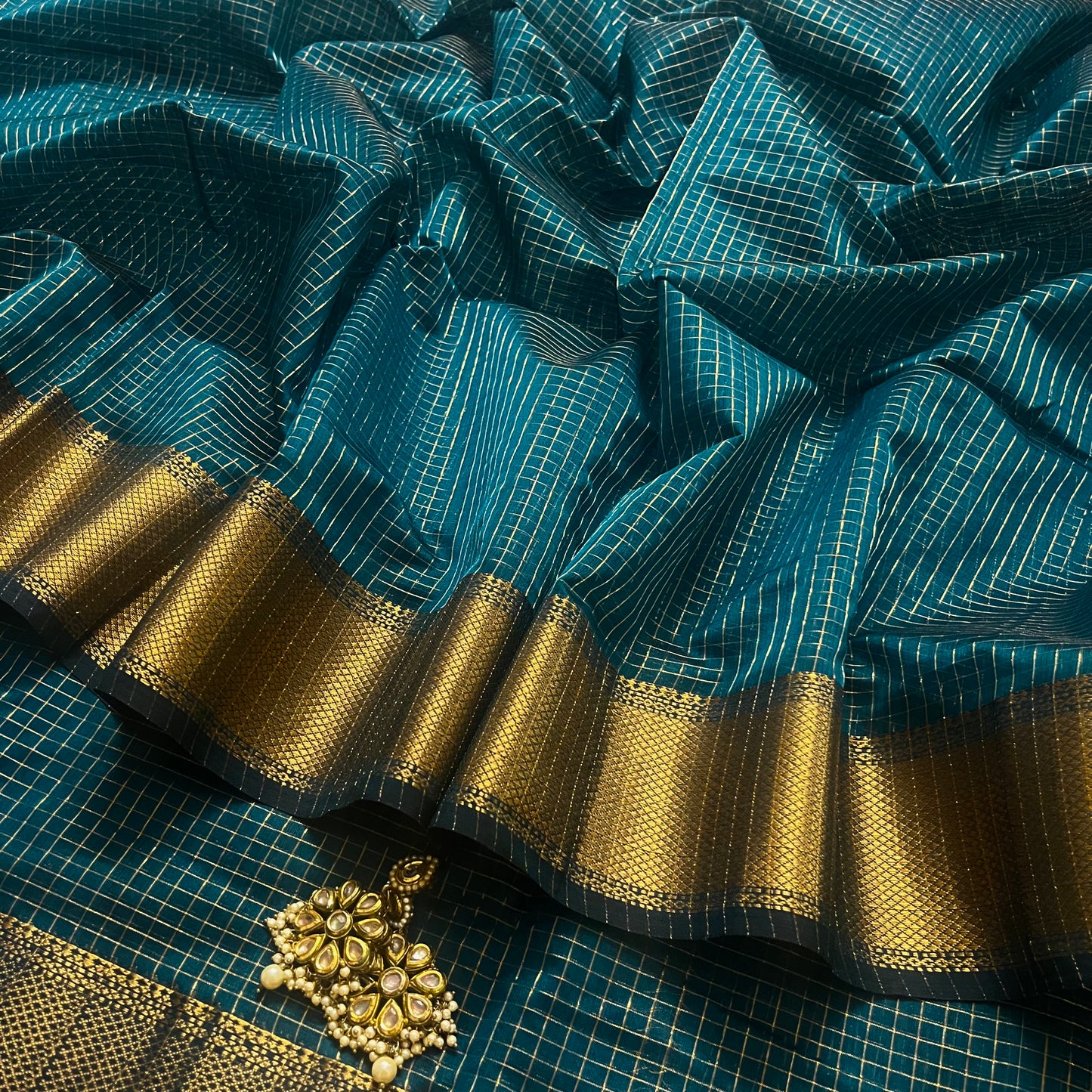 Teal maheshwari saree with zari checks all over