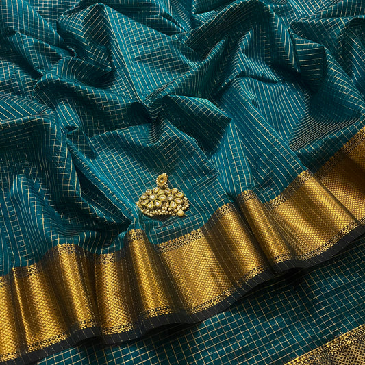 Teal maheshwari saree with zari checks all over