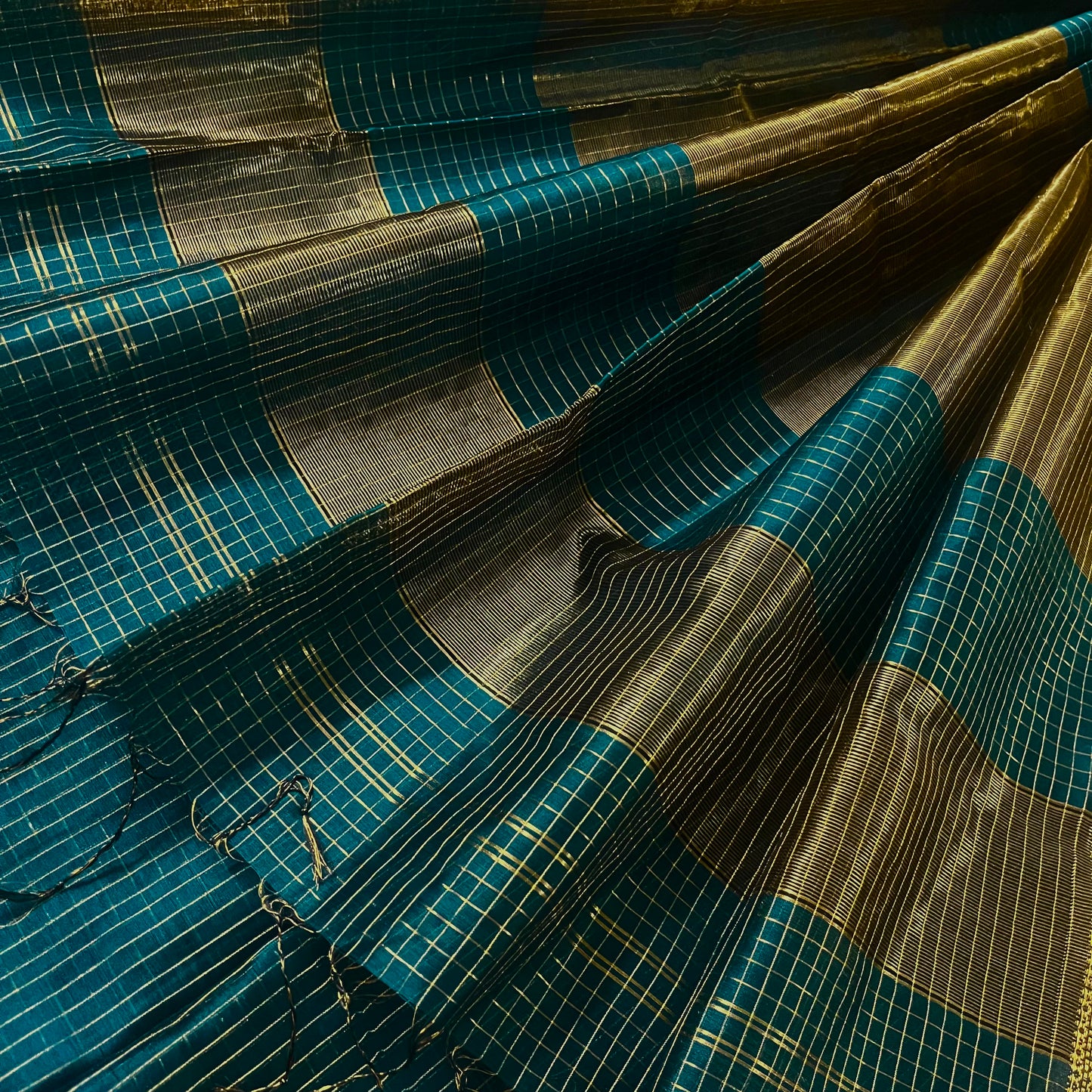 Teal maheshwari saree with zari checks all over