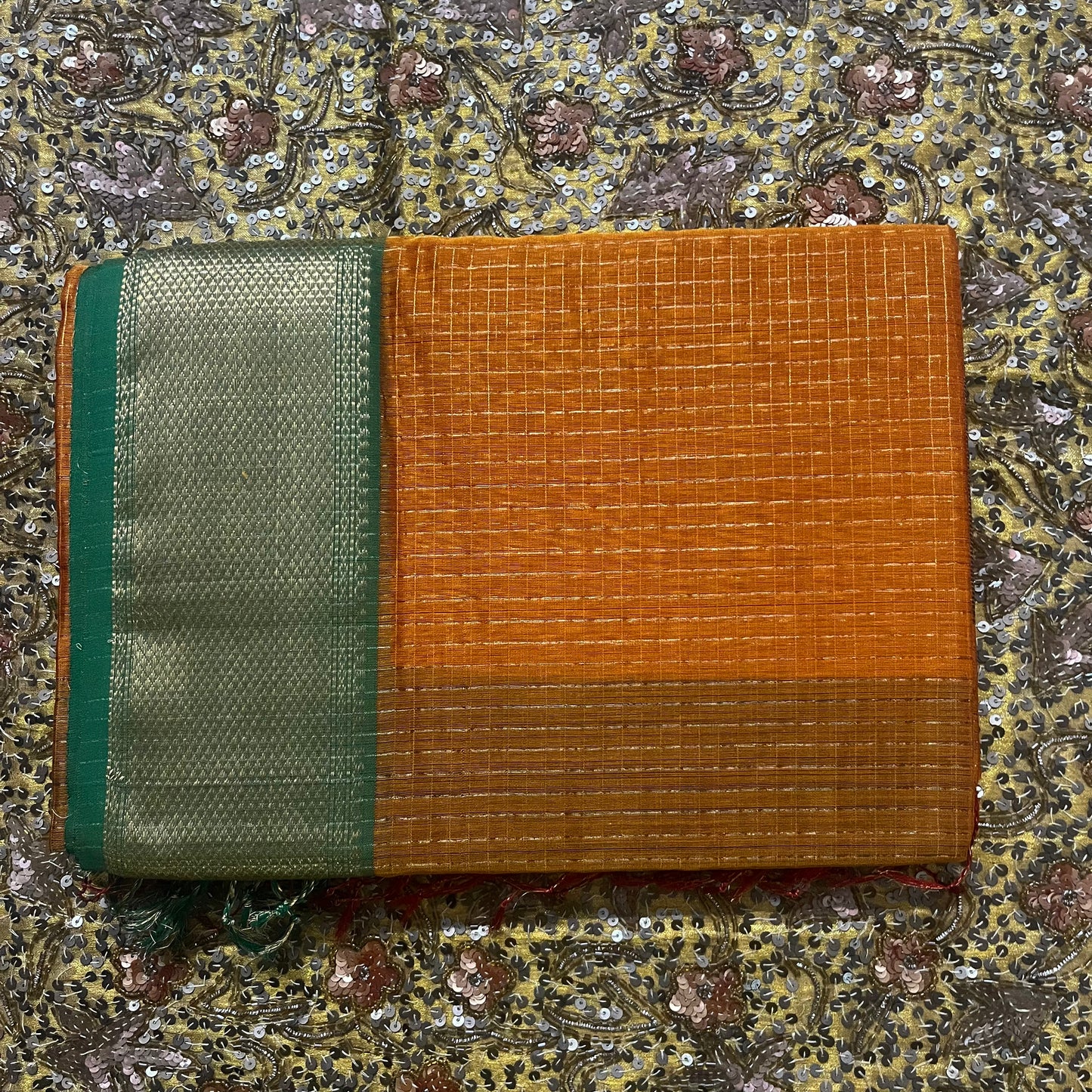 Rust and green maheshwari saree with zari checks all over