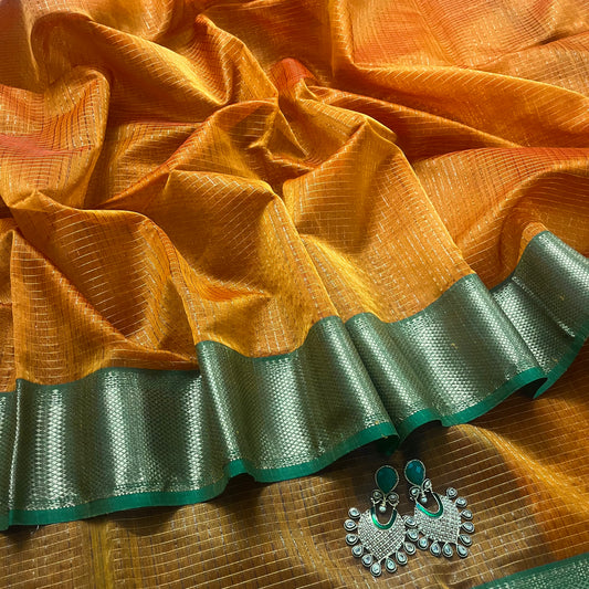 Rust and green maheshwari saree with zari checks all over