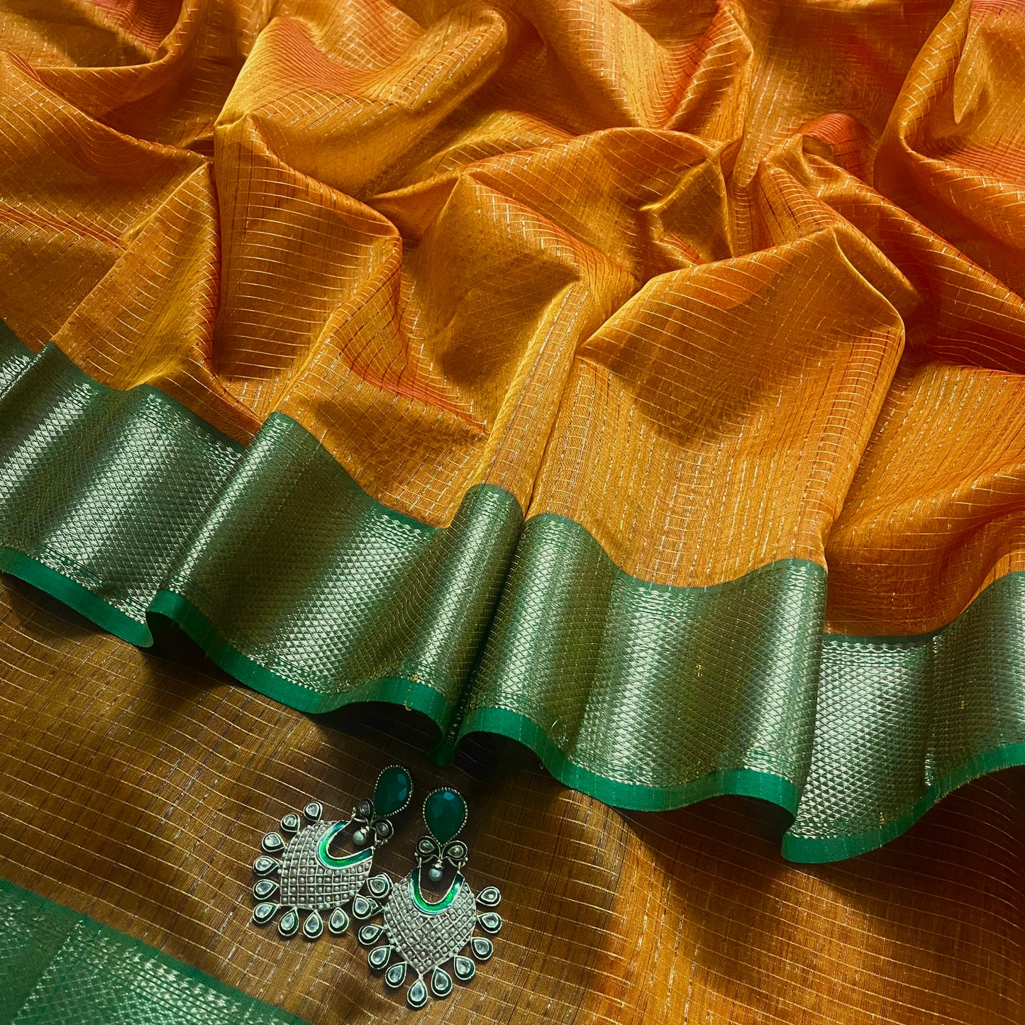 Rust and green maheshwari saree with zari checks all over