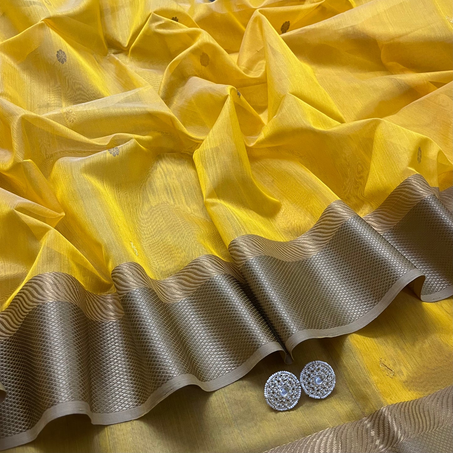 Yellow maheshwari saree with resham border