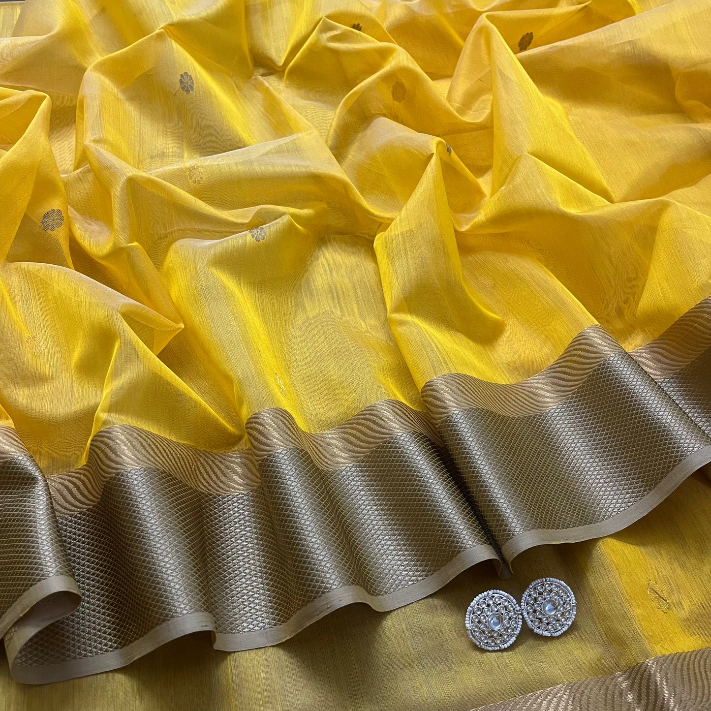 Yellow maheshwari saree with resham border