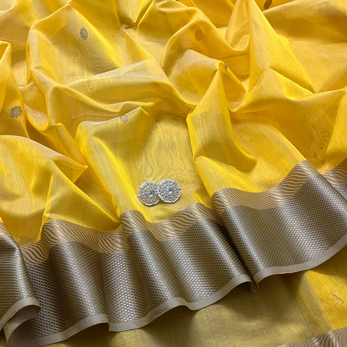 Yellow maheshwari saree with resham border