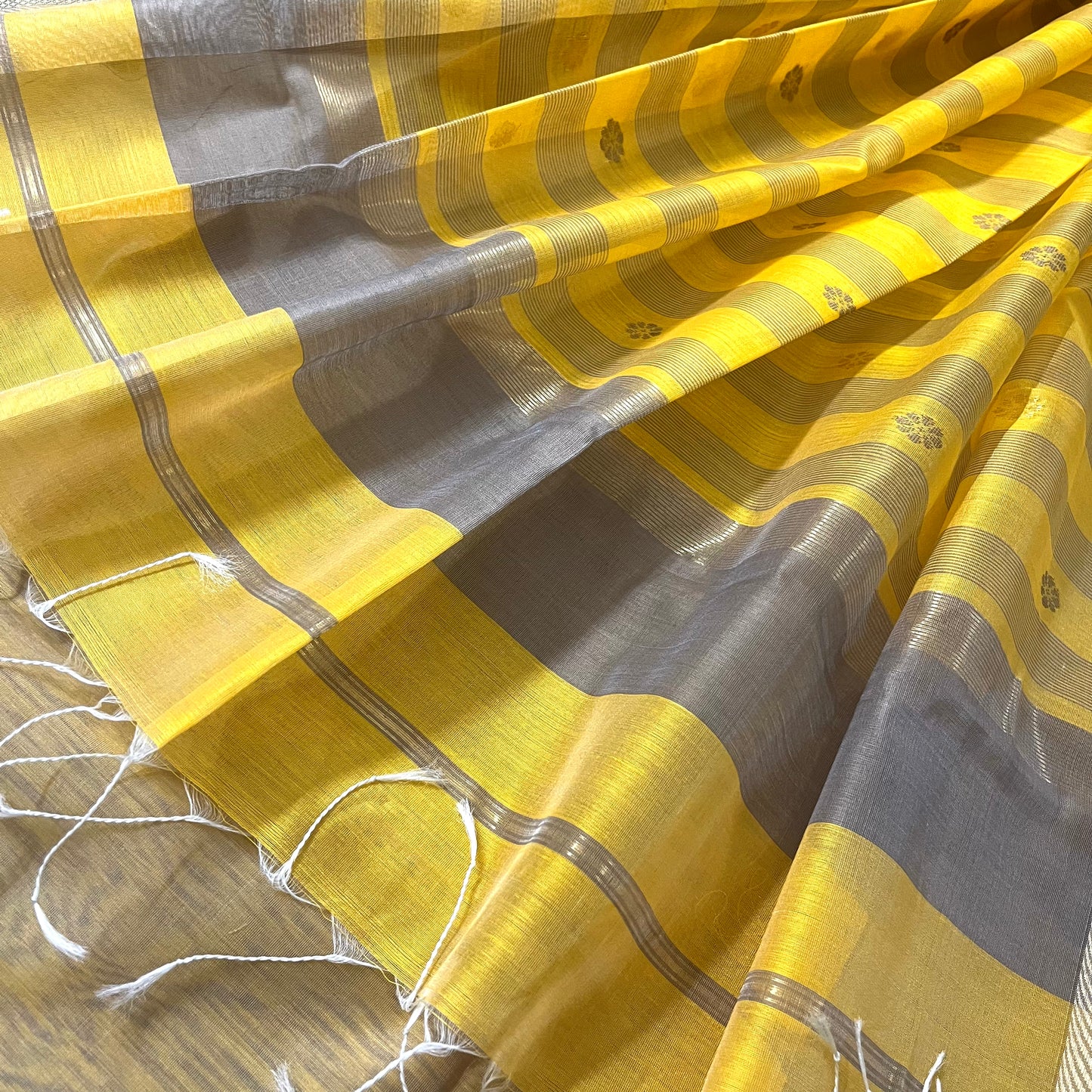 Yellow maheshwari saree with resham border