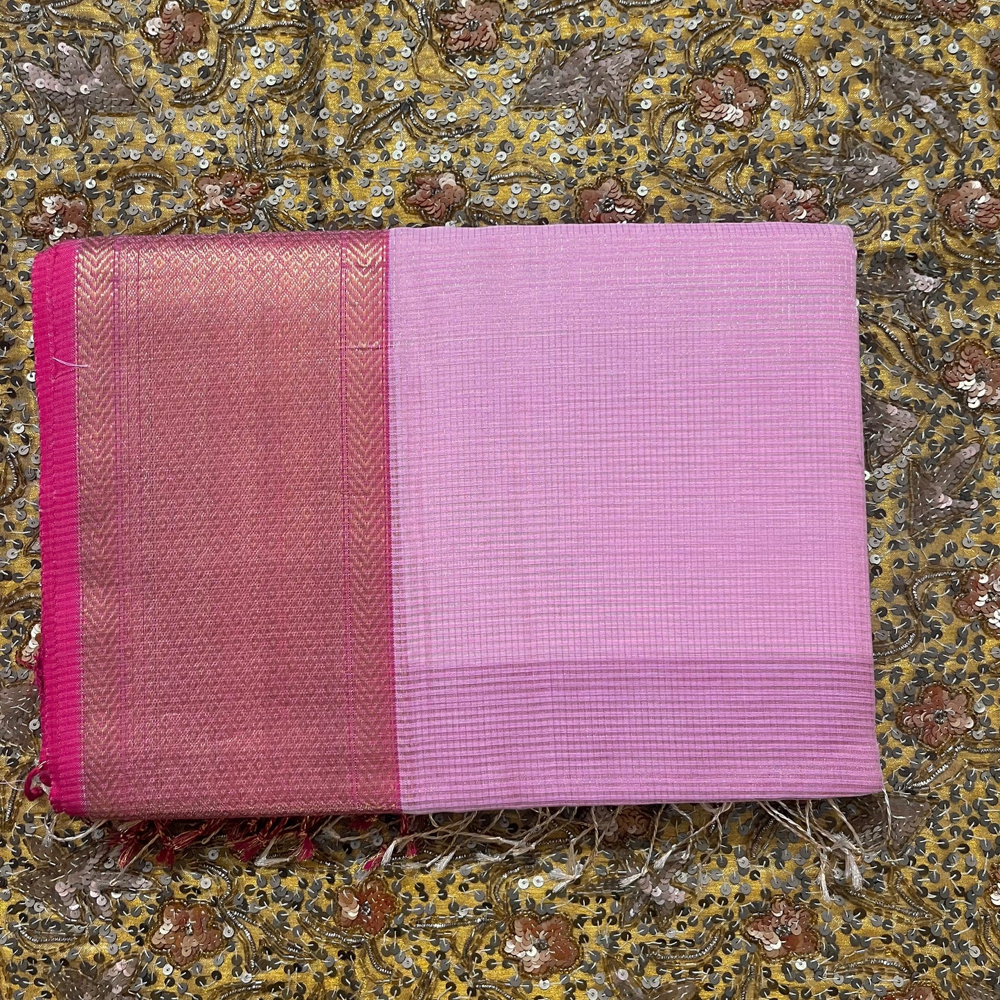 Pink maheshwari saree with zari checks and zari lines all over