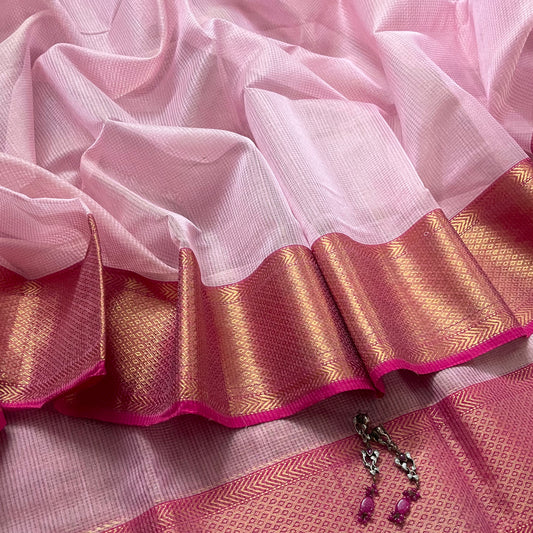 Pink maheshwari saree with zari checks and zari lines all over