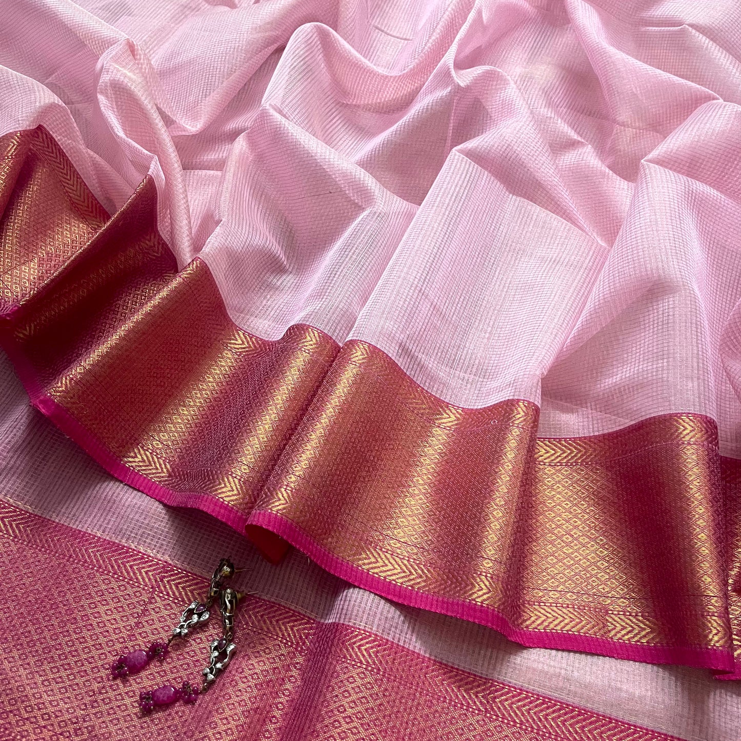 Pink maheshwari saree with zari checks and zari lines all over