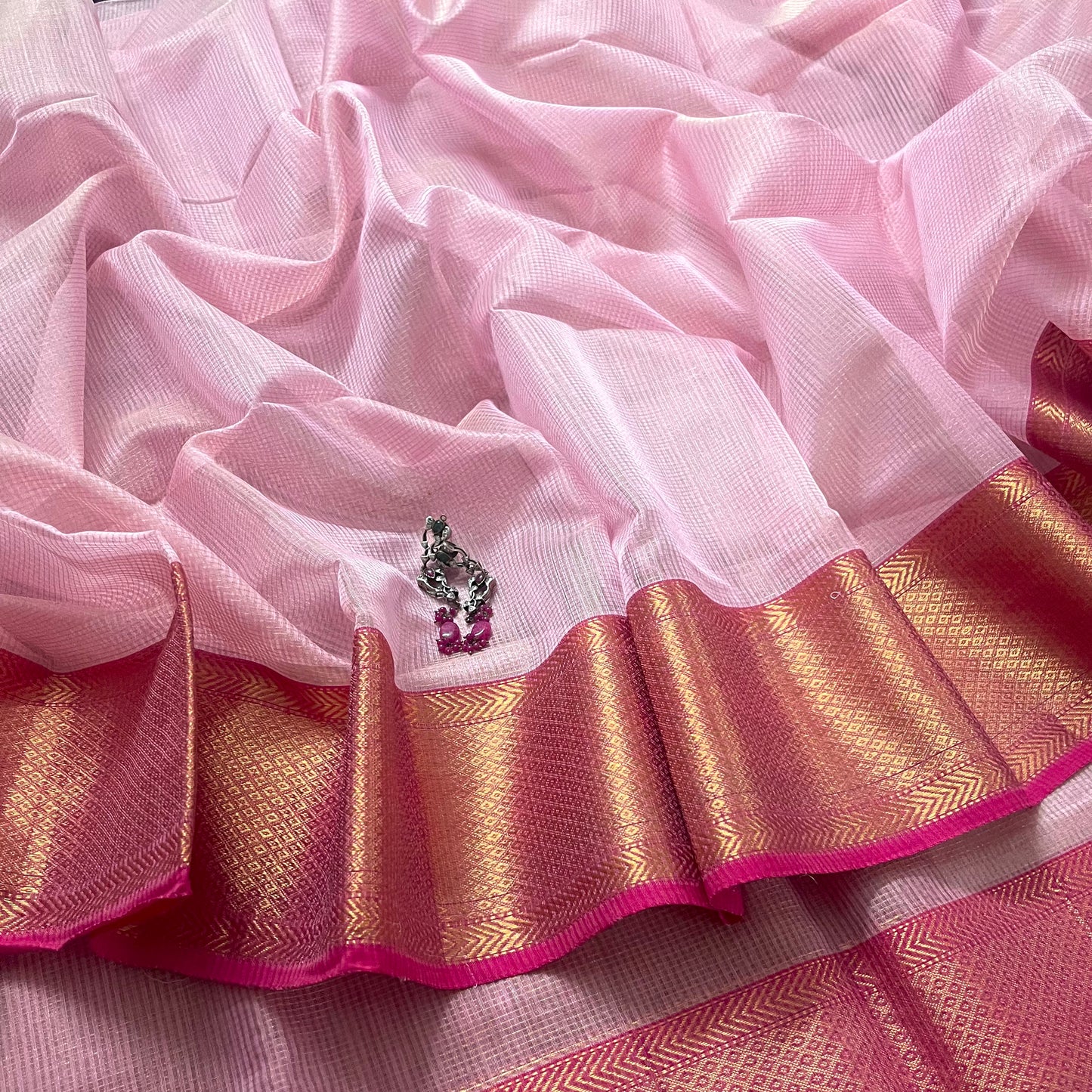 Pink maheshwari saree with zari checks and zari lines all over