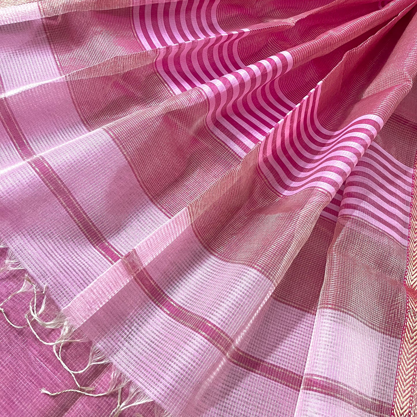 Pink maheshwari saree with zari checks and zari lines all over