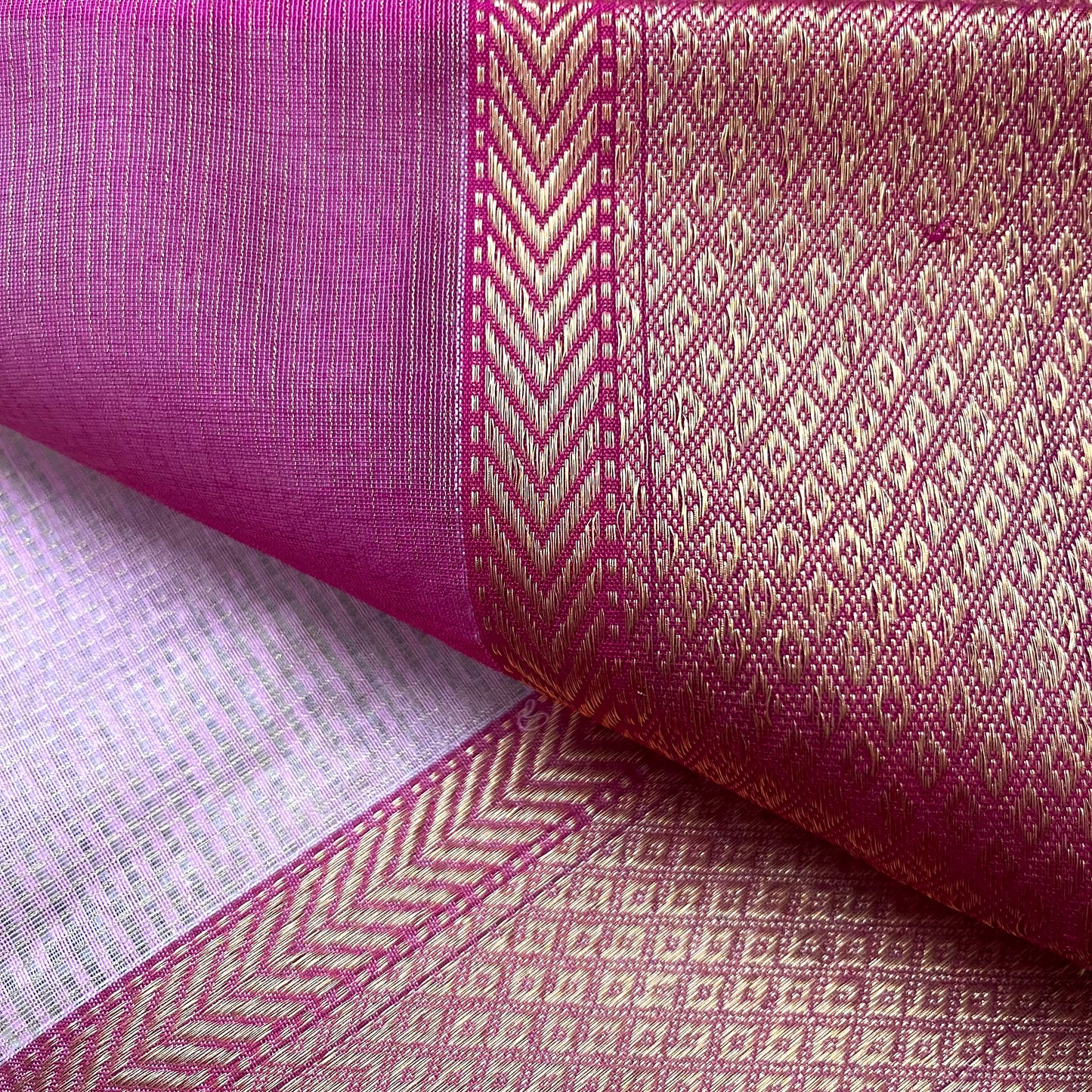 Pink maheshwari saree with zari checks and zari lines all over