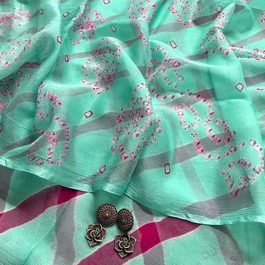 Sea green and pink lehariya and bandhani saree