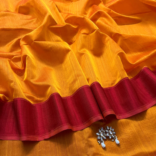 Yellow and red maheshwari saree with resham border