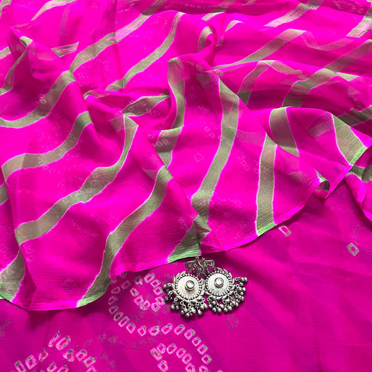 Pink and green lehariya saree