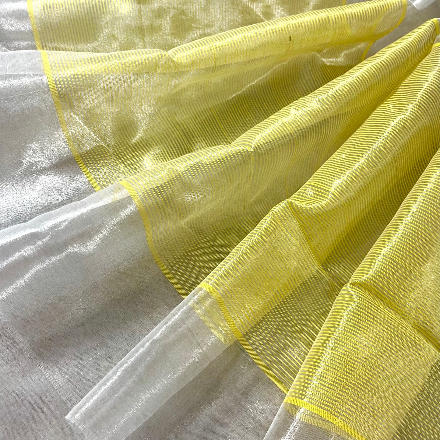 (Shop the look) Silver white and lemon chanderi tissue silk saree