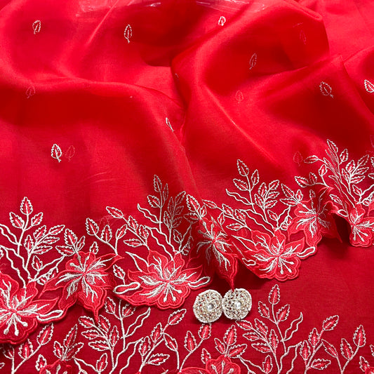 Red banarasi organza silk saree with threadwork on border and bootis all over