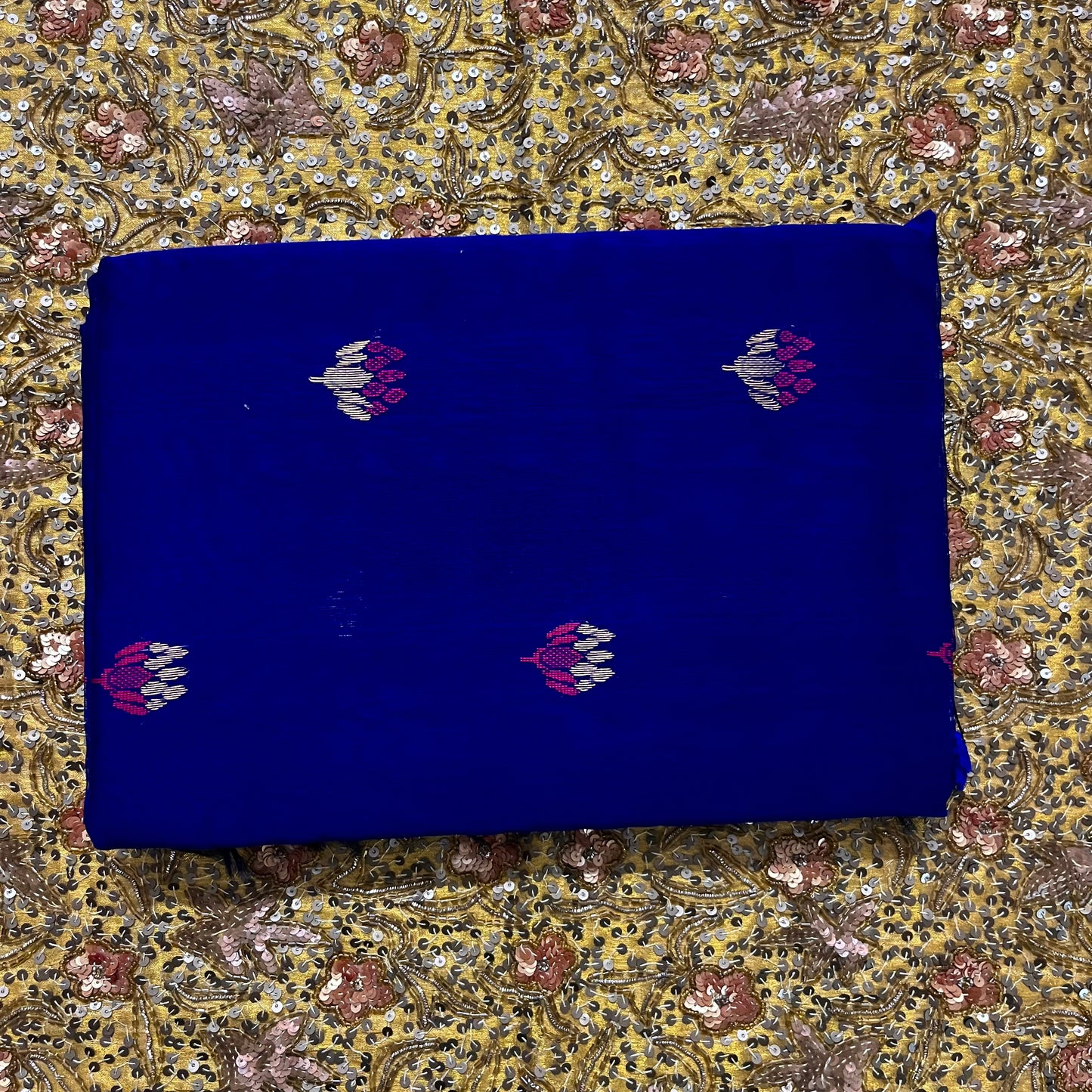 Dark blue and pink maheshwari saree with flower motifs all over