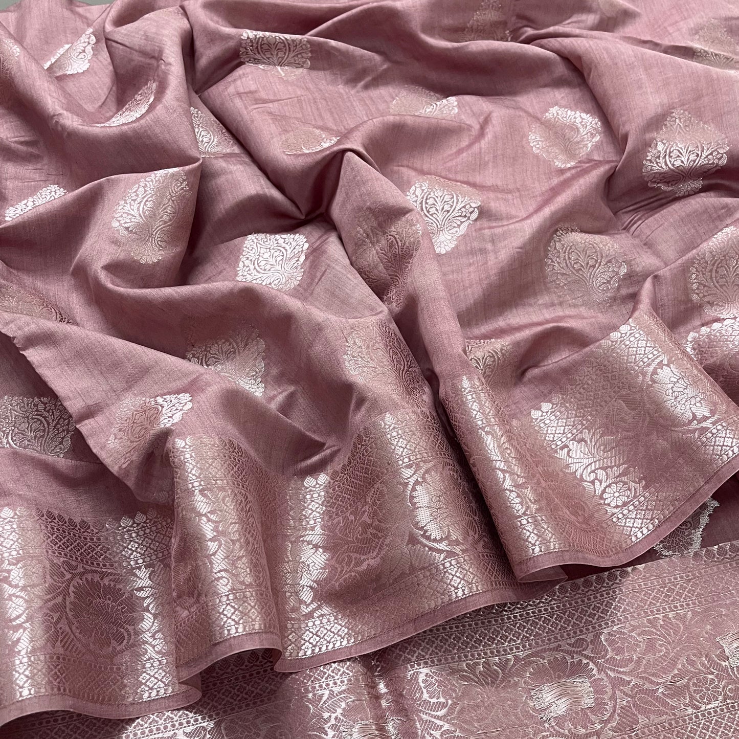 Rust pink banarasi silk saree with zari work all over