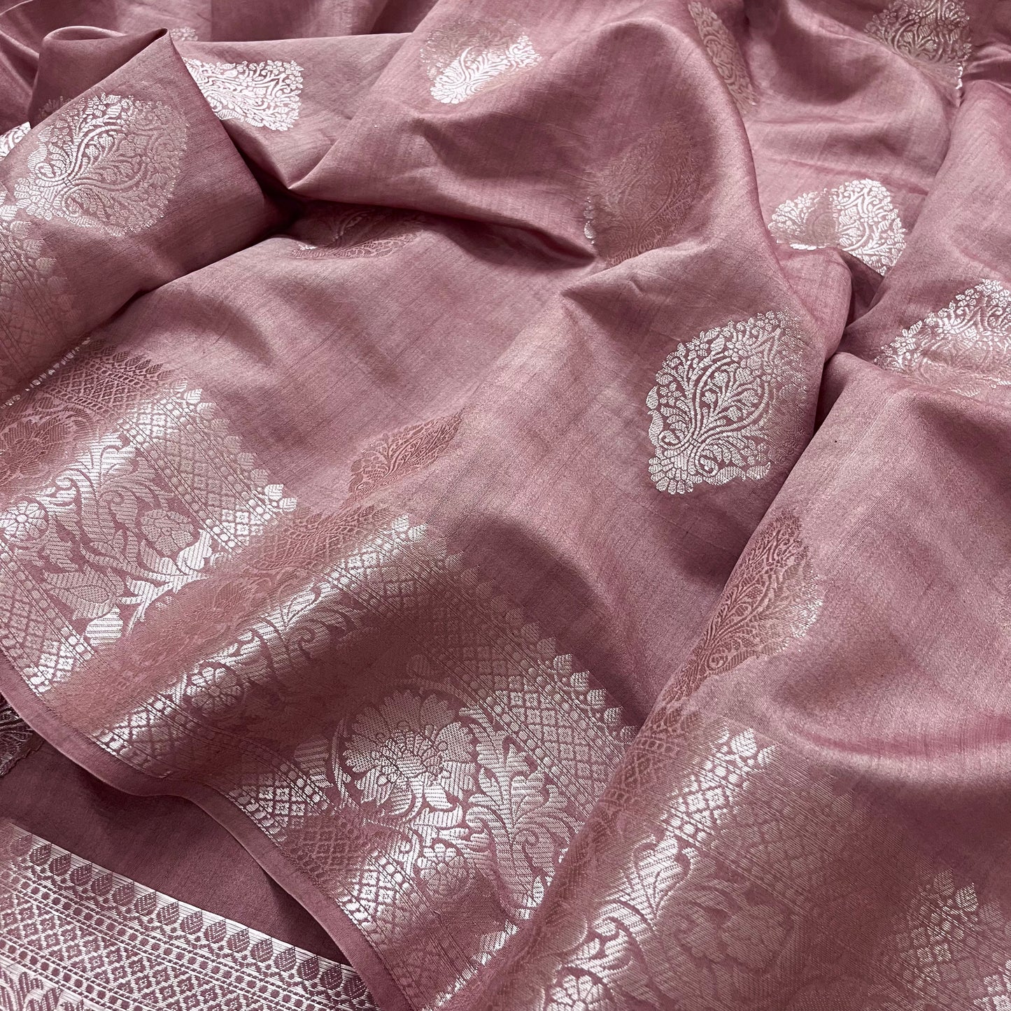 Rust pink banarasi silk saree with zari work all over