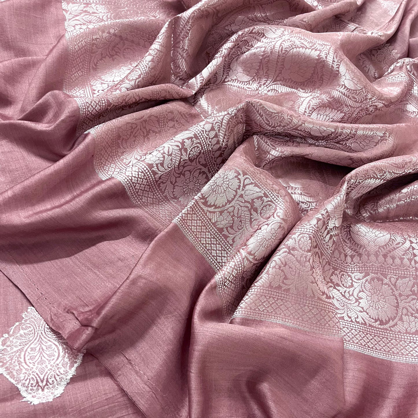 Rust pink banarasi silk saree with zari work all over