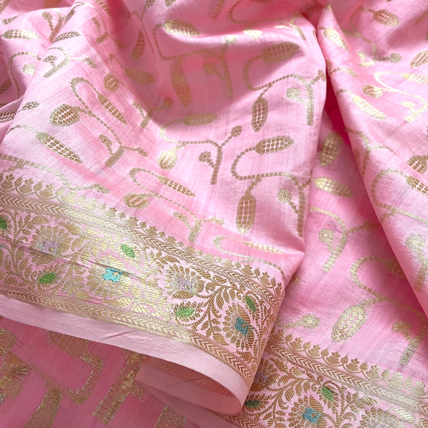Pink banarasi silk saree with zari work all over