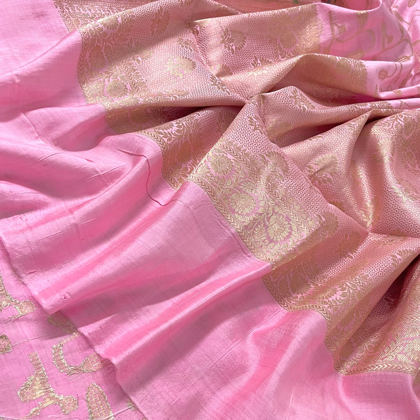 Pink banarasi silk saree with zari work all over