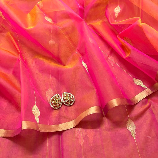 Coral pink dual tone Chanderi organza silk saree with jhumka motifs all over