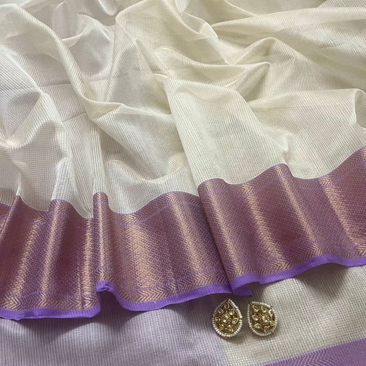 Off white and purple maheshwari saree with zari lines all over