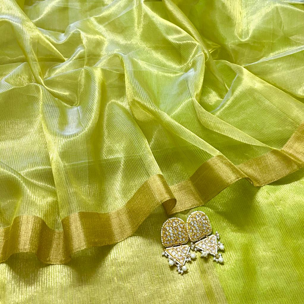 Lime green maheshwari saree with zari lines all over