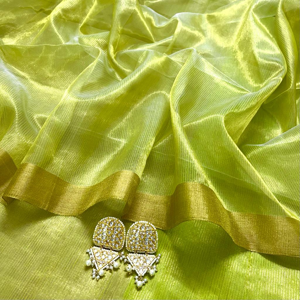 Lime green maheshwari saree with zari lines all over