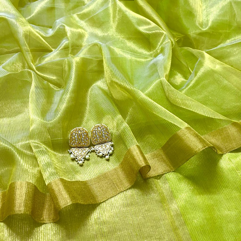 Lime green maheshwari saree with zari lines all over