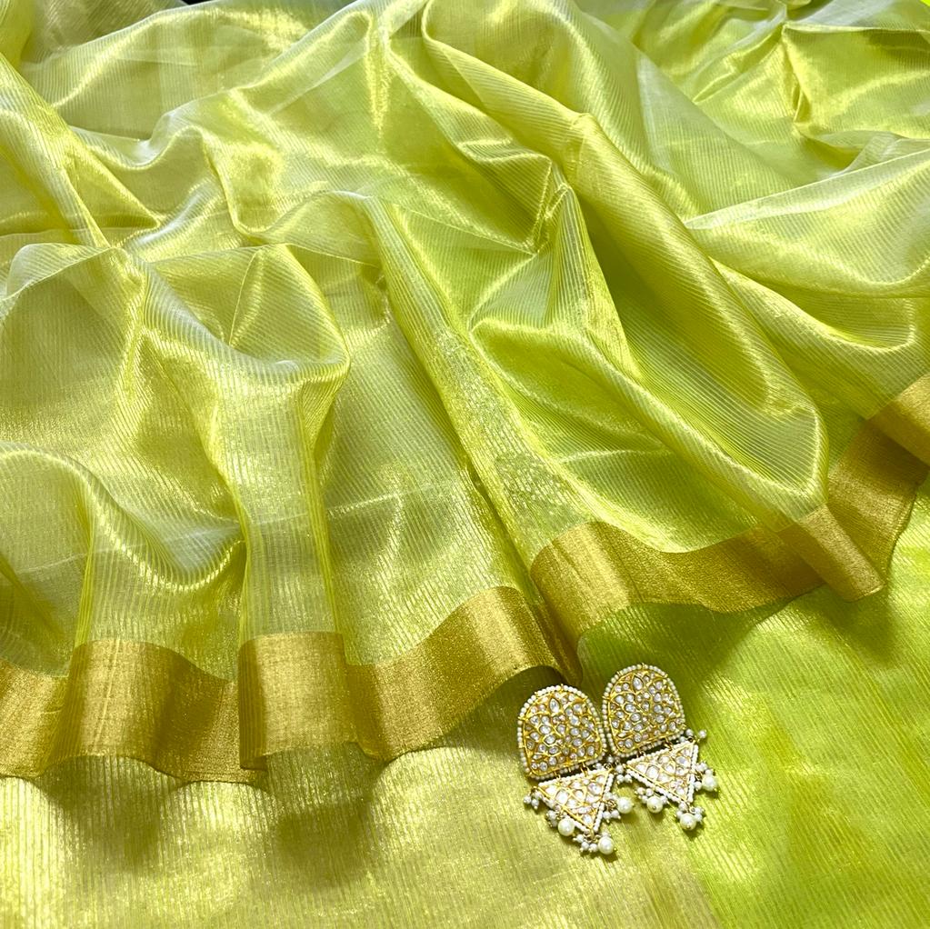 Lime green maheshwari saree with zari lines all over