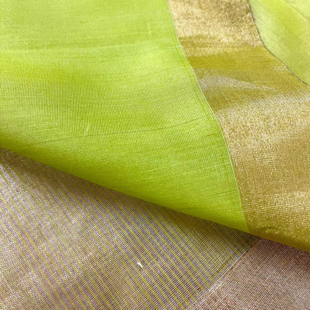 Lime green maheshwari saree with zari lines all over