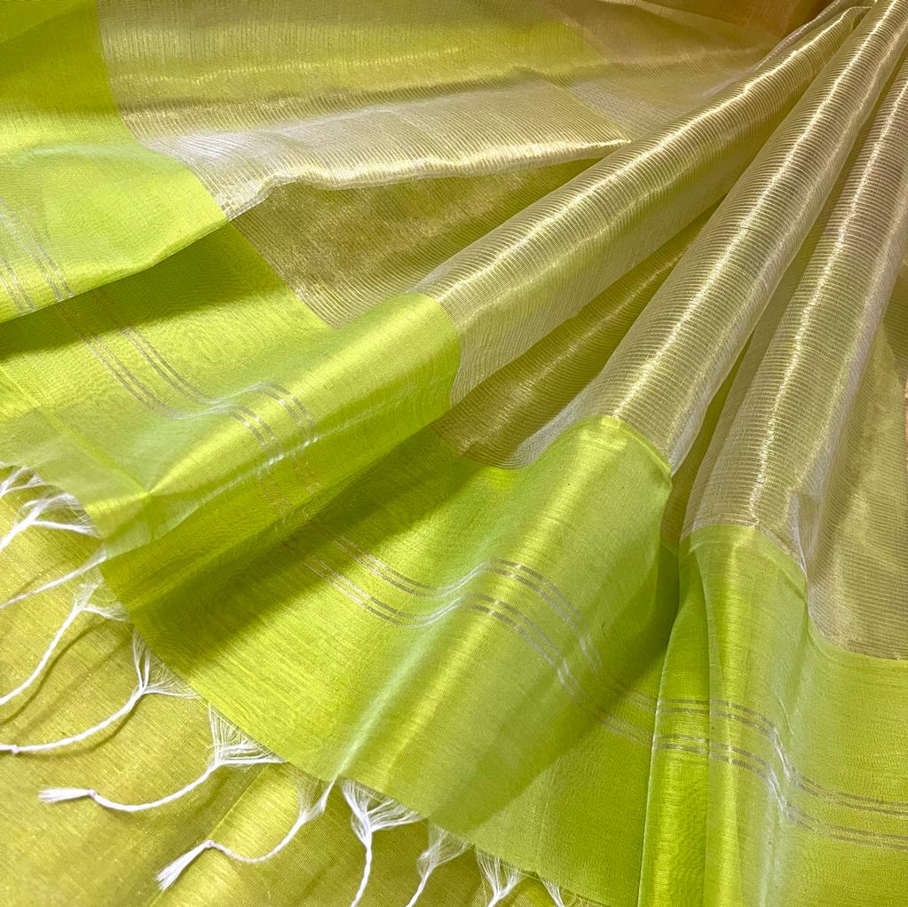 Lime green maheshwari saree with zari lines all over