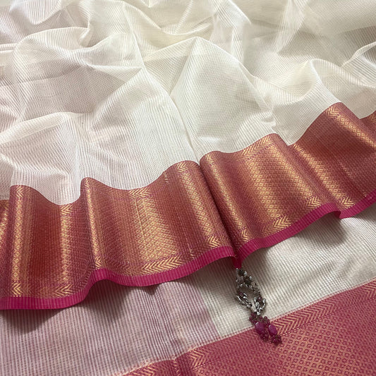 Off white and pink maheshwari saree with zari lines all over