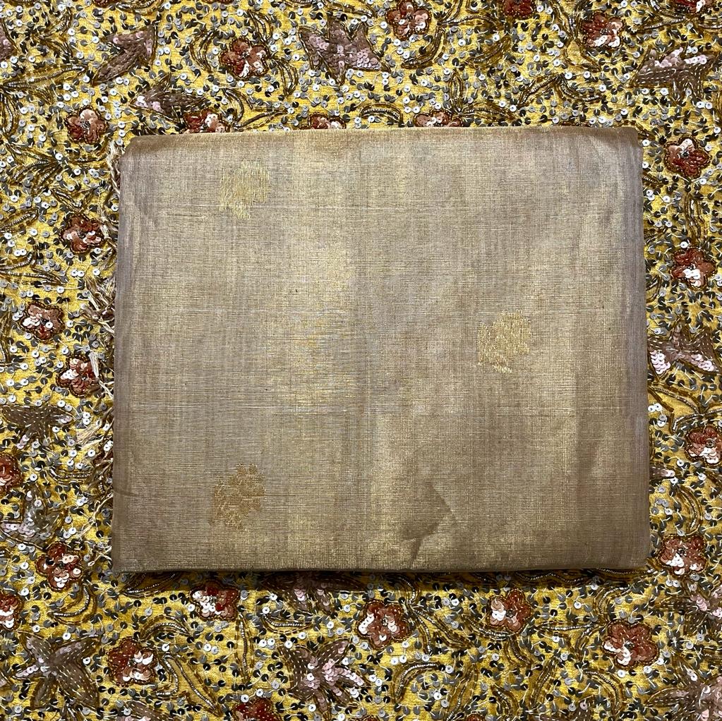 Antique gold maheshwari tissue silk saree with flower motifs all over