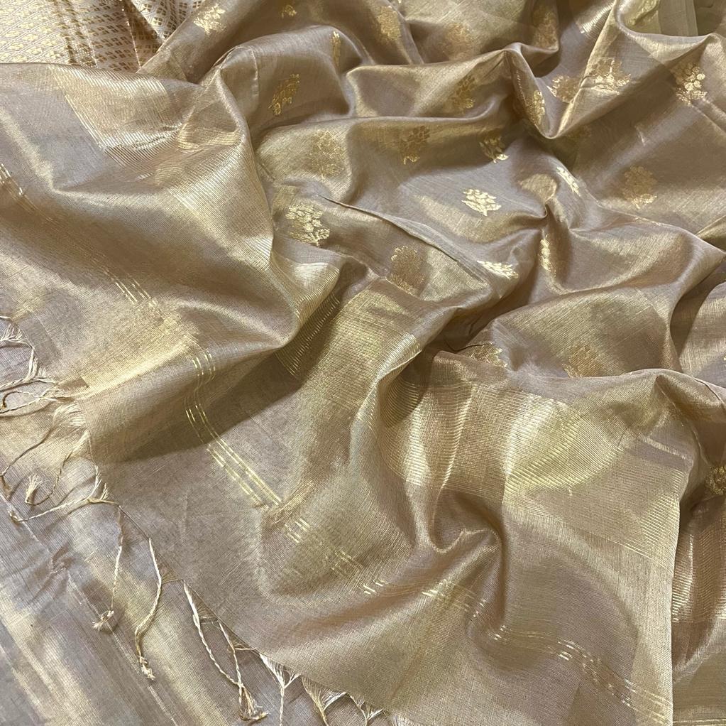 Antique gold maheshwari tissue silk saree with flower motifs all over