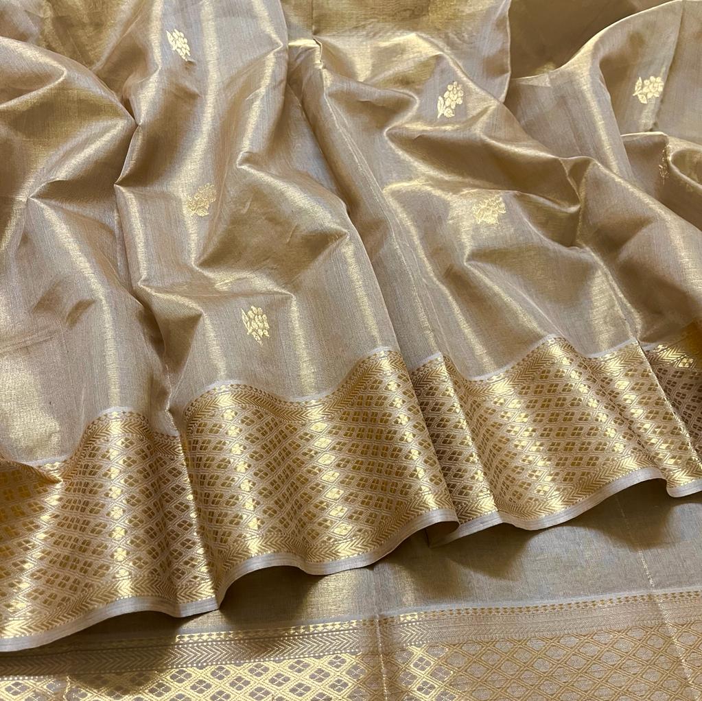 Antique gold maheshwari tissue silk saree with flower motifs all over