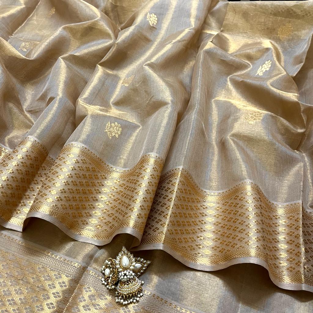 Antique gold maheshwari tissue silk saree with flower motifs all over