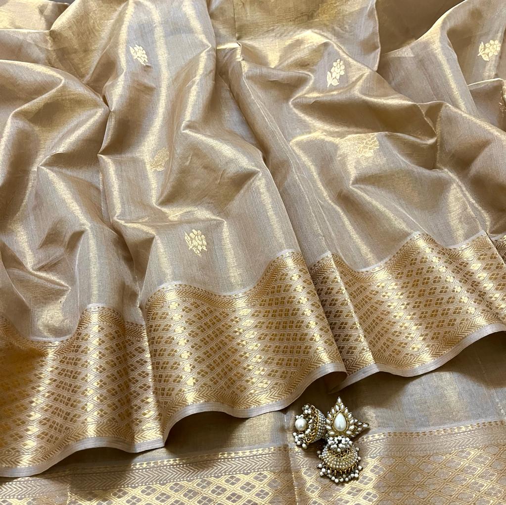 Antique gold maheshwari tissue silk saree with flower motifs all over