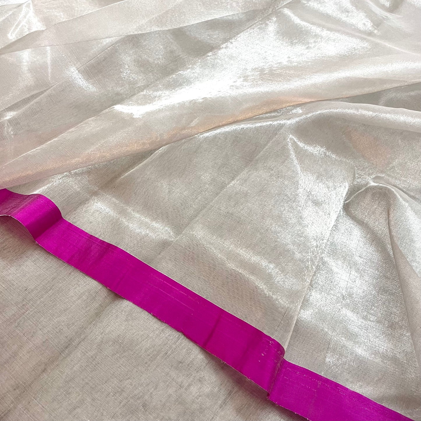 Silver white & hot pink chanderi tissue silk saree