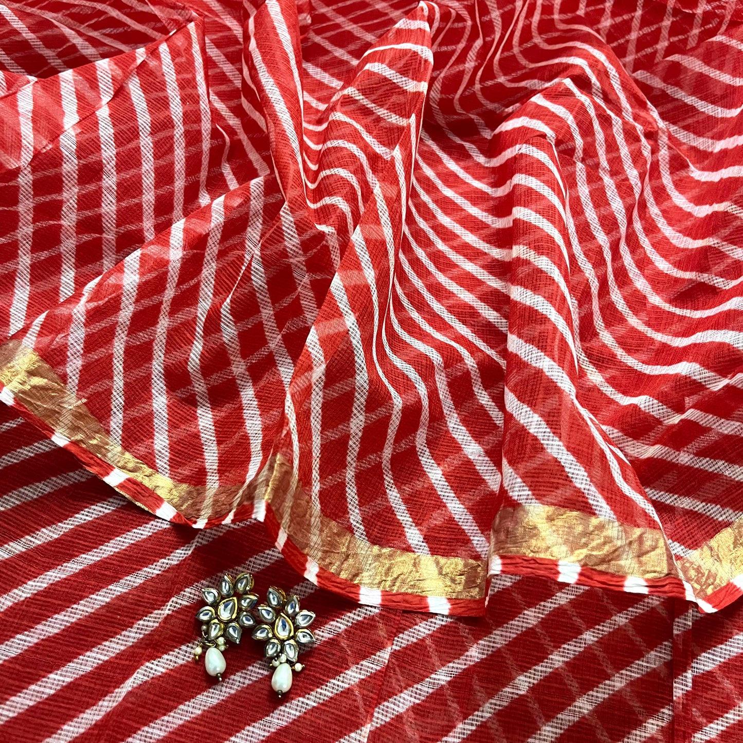 Red kota checks lehariya saree with zari border