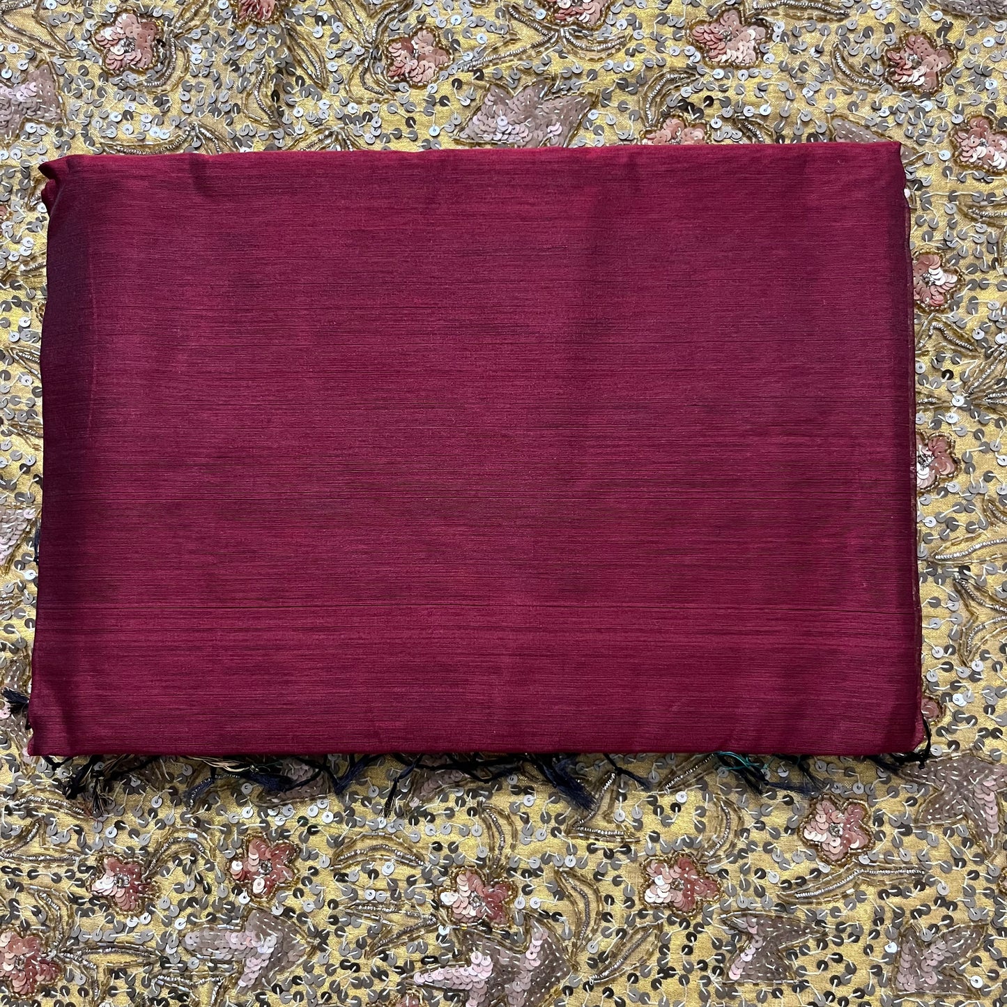 Deep maroon Maheshwari saree with jute Pallu