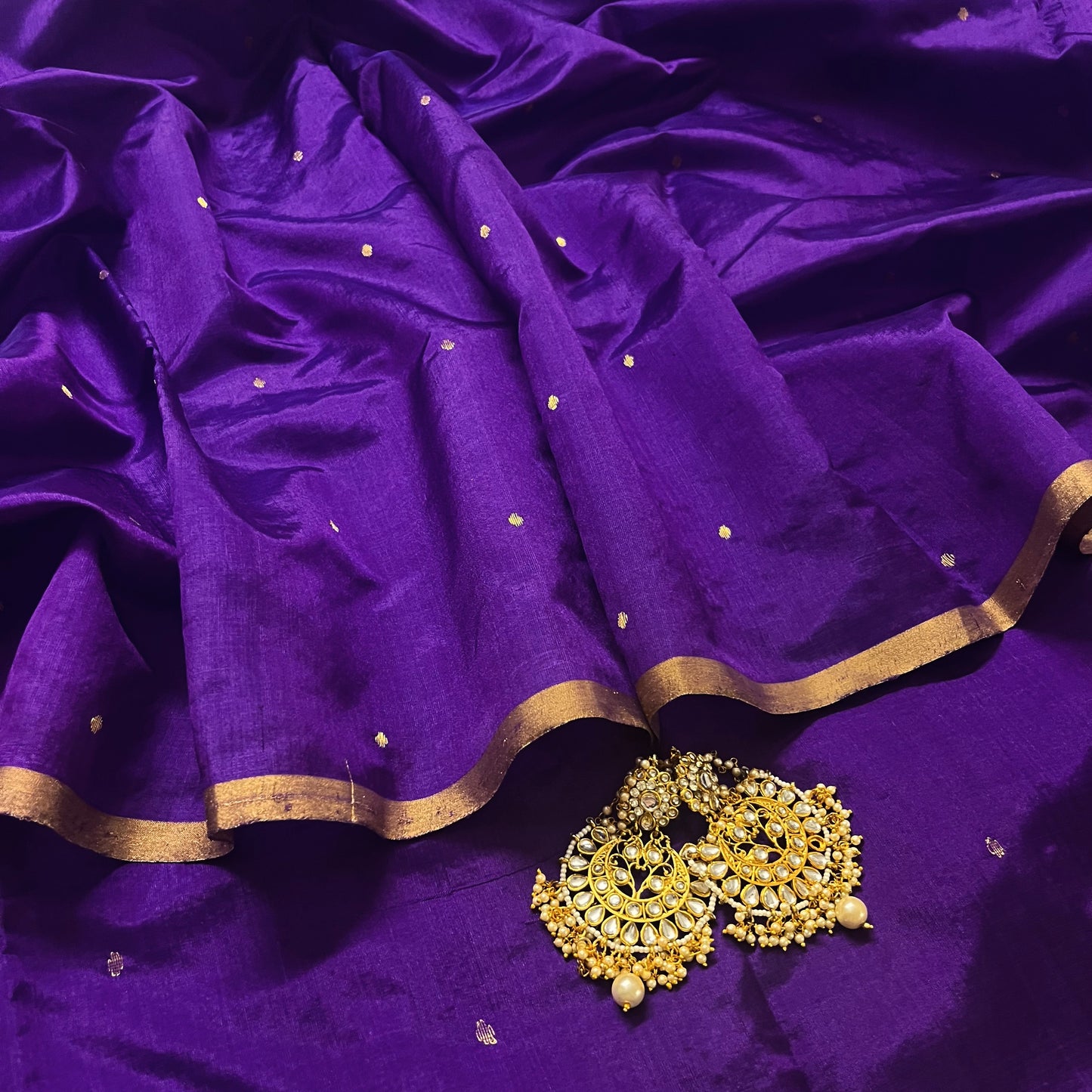 Violet chanderi silk saree with zari bootis all over