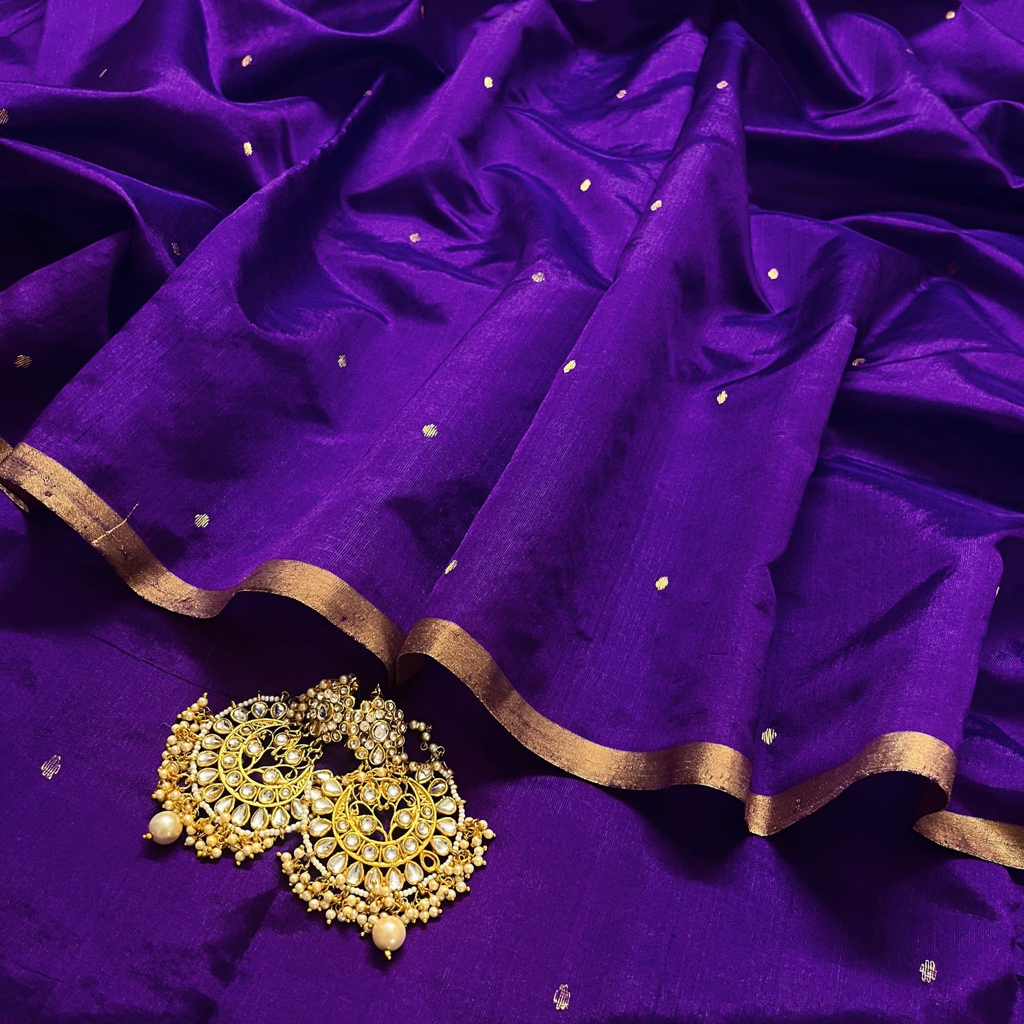 Violet chanderi silk saree with zari bootis all over