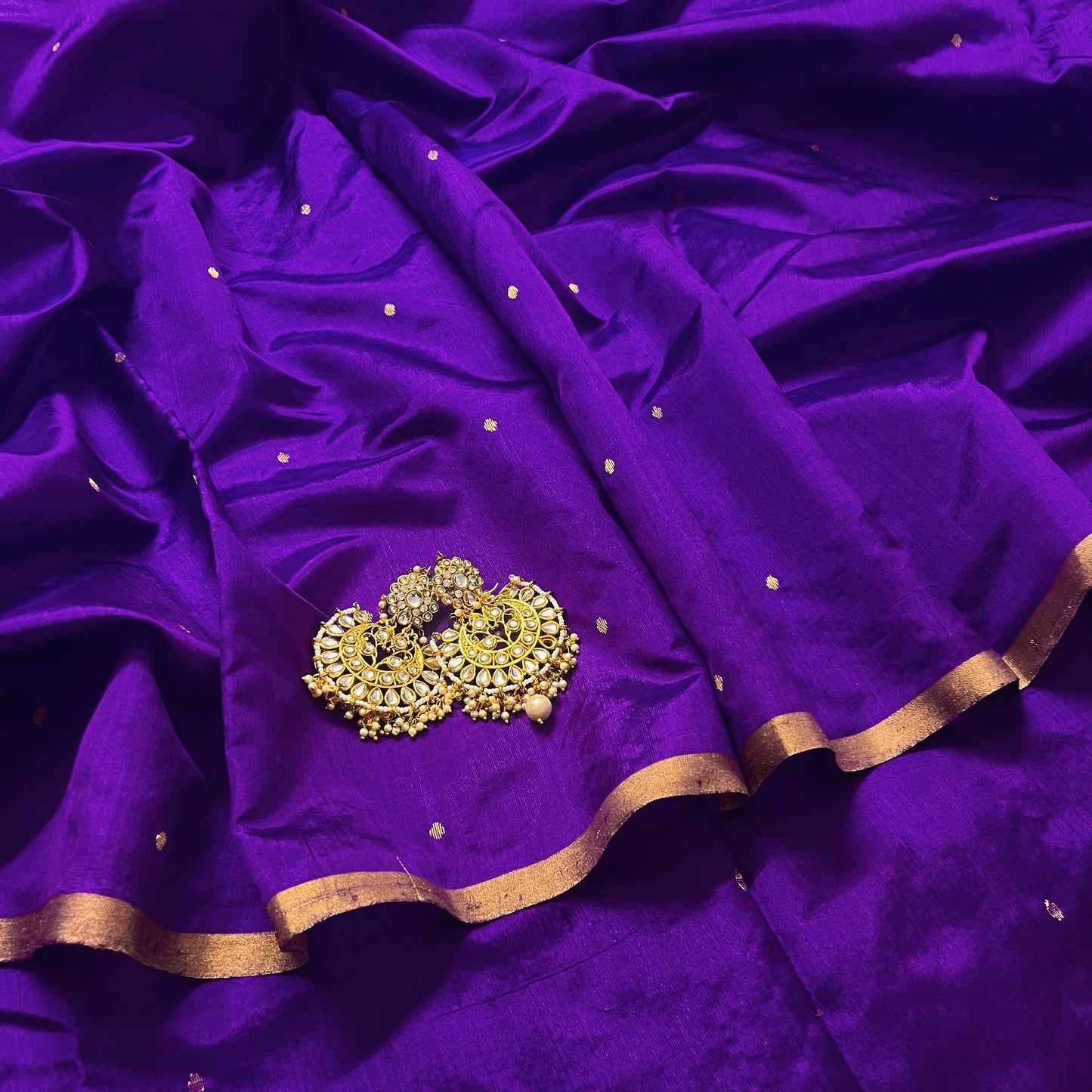 Violet chanderi silk saree with zari bootis all over