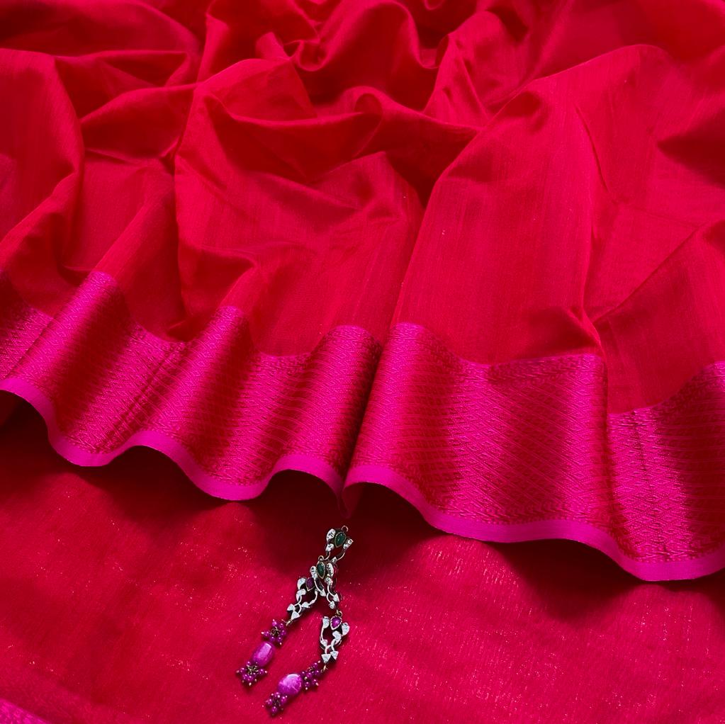 Red and pink maheshwari saree with resham border